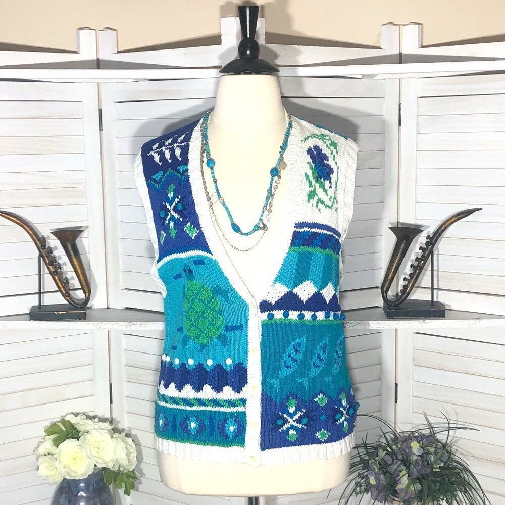Vintage 90s Hand Knitted Cotton Vest Teal Blue granny cottage ocean themed XL
